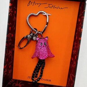 NEW Betsey Johnson Pink Rhinestone Ghost Handbag Charm Keychain Halloween BLING